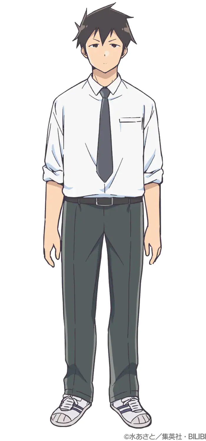 A character setting of Raidou from the upcoming Aharen wa Hakarenai TV anime. Raidou is a tall young man with spikey dark hair and dark eyes who dresses in a dress shirt, tie, slacks, and tennis shoes.