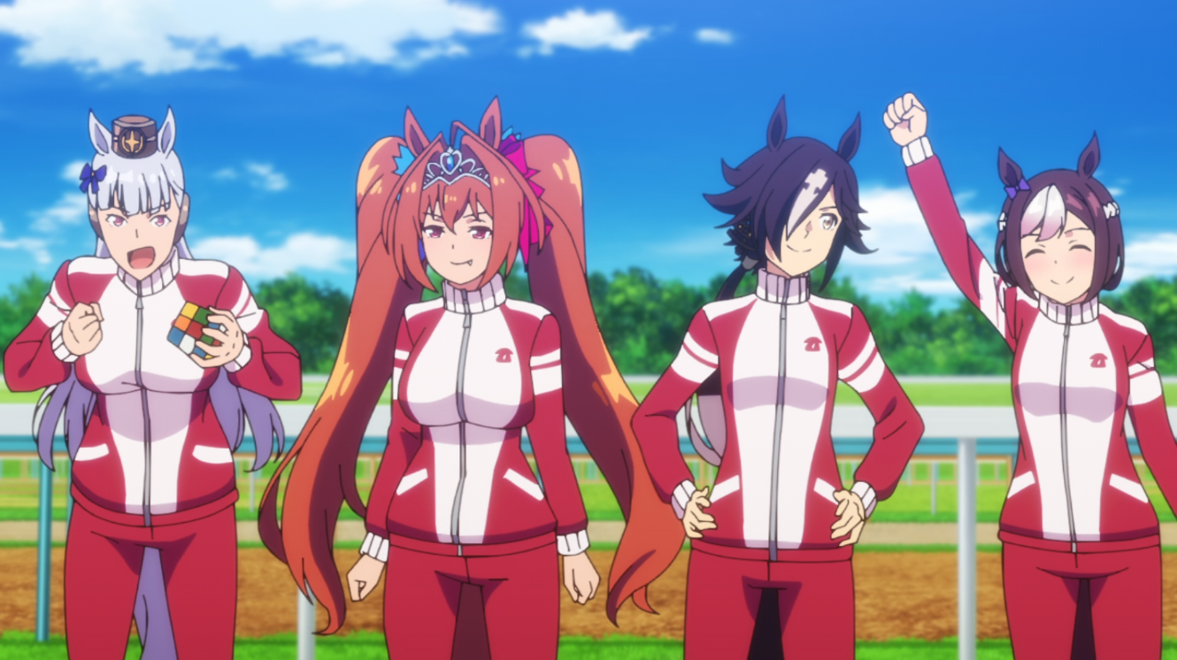 Gold Ship, Daiwa Scarlet, Vodka, and Special Week get fired up at the prospect of practicing in a scene from the Umamusume: Pretty Derby TV anime.