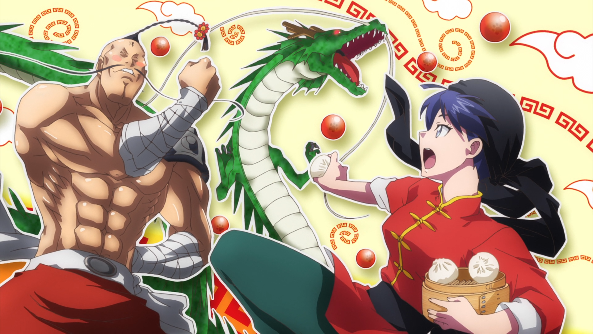 While dressed as Ranma Saotome from Ranma 1/2, Chinese cosplayer Beibei Yang faces off against parodies of Ramenman from Kinnikuman and Shenlong from Dragon Ball in a scene from the 2017 Anime-Gataris TV anime.