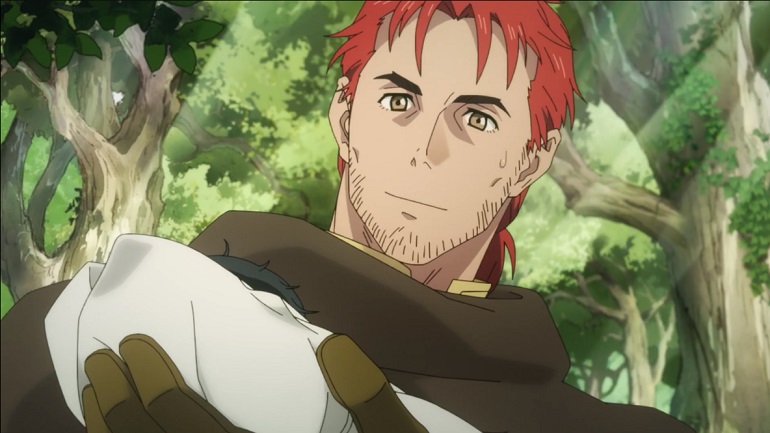 Belgrieve, a rugged adventurer with red hair and a stubble beard, finds an infant girl abandoned in the woods and decides to adopt her in a scene from the upcoming My Daughter Left the Nest and Returned an S-Rank Adventurer TV anime.