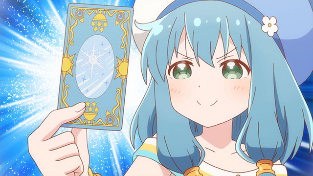 Mei flashes a Cartado card in a scene from the ENDRO! TV anime.