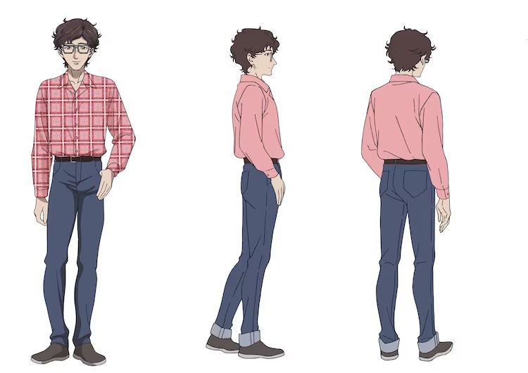 Eine Charaktereinstellung von Shunpei Akiyama aus dem kommenden Migi & Dali TV-Anime.  Shunpei ist ein schlanker junger Mann mit zerzausten braunen Haaren und einer Brille. Er trägt ein rosa kariertes Langarmhemd, blaue Jeans und braune Slipper.