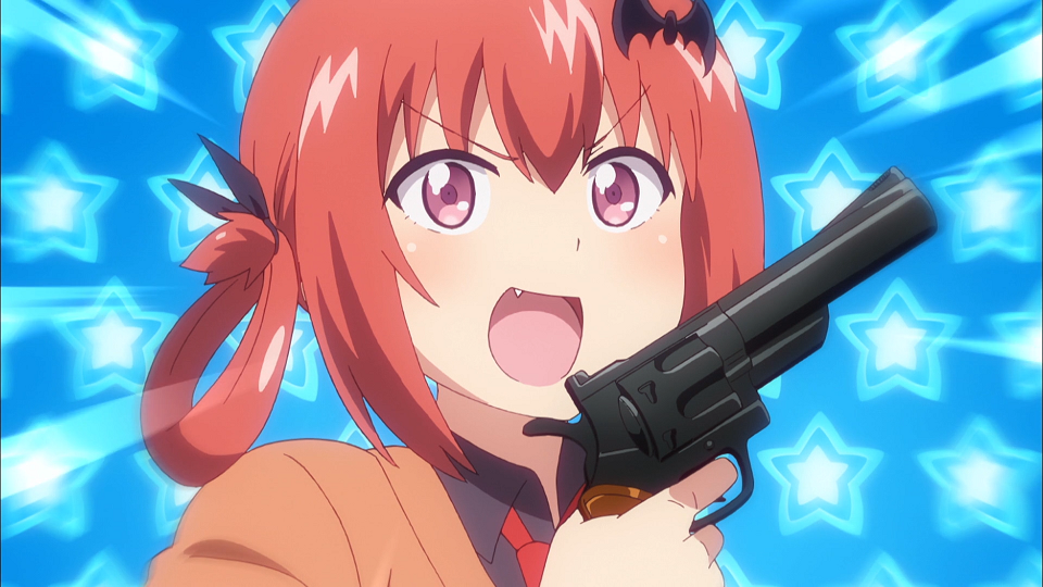 Satania muestra una pistola falsa y se ríe en una escena del anime de Gabriel DropOut TV.