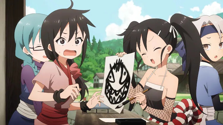 Eine Gruppe weiblicher Ninja albert in einer Szene aus dem kommenden TV-Anime „Im Herzen von Kunoichi Tsubaki“ herum.