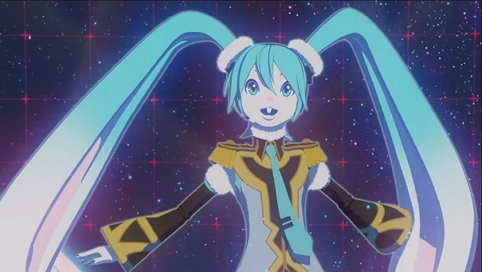 Virtual rabbit idol Hatsune Mimi dances against a backdrop of a field of stars in a scene from the ending animation sequence of the Yakitori: Soldiers of Misfortune Netflix original anime.