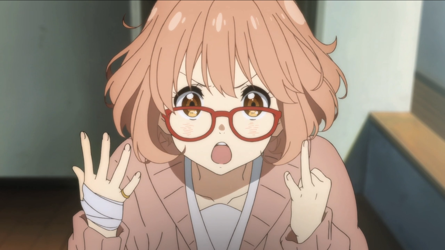 A bandaged and bespectacled Mirai Kuriyama counts off the numbers of times she's attempted to assassinate her classmate, Akihito Kanbara, on her fingers in a scene from the 2013 Beyond the Boundary TV anime.