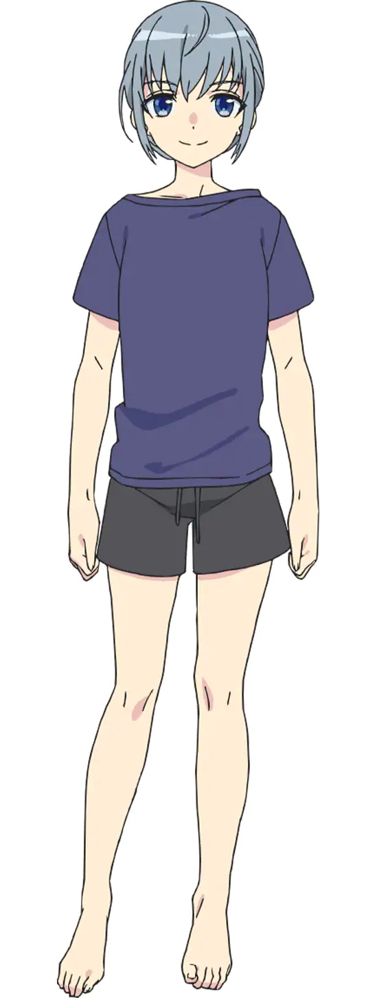 Un escenario del personaje de Tsubasa, la hermana gemela mayor de Tsuyoshi, del próximo anime televisivo 4-nin wa Sorezore Uso wo Tsuku.  Tsubasa es una mujer joven de pelo gris corto y ojos azules que viste una camiseta y pantalones cortos.  Se disfraza de hermano menor.