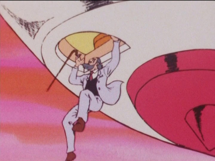 Chargeman Ken deja caer una profesión anciana (cuyo cerebro ha sido reemplazado por una bomba) a su muerte segura desde una trampilla en un platillo volante en una escena extrañamente cruel del anime de televisión Chargeman Ken de 1974, según la animación de Knack Productions.