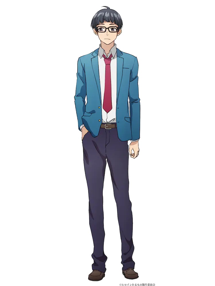 A character visual of Kodai Yamamoto from the upcoming Heroine Tarumono! ~Kiraware Heroine to Naishou no Oshigoto~ TV anime. Kodai is a serious looking young man with black hair in a bowl cut and dark eyes. He wears thick framed glasses and a boy's school uniform with a blazer and a tie.