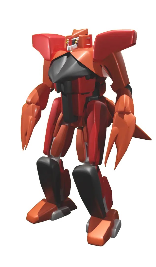 A mecha design setting of the Mobile Wheel giant robot from the upcoming Spaceman X ~Sugoi Uchuu Daibouken~ theatrical anime film. The Mobile Wheel is a humanoid robot with crab pincers for hands and an arthropod motiff. It is red and black in color.