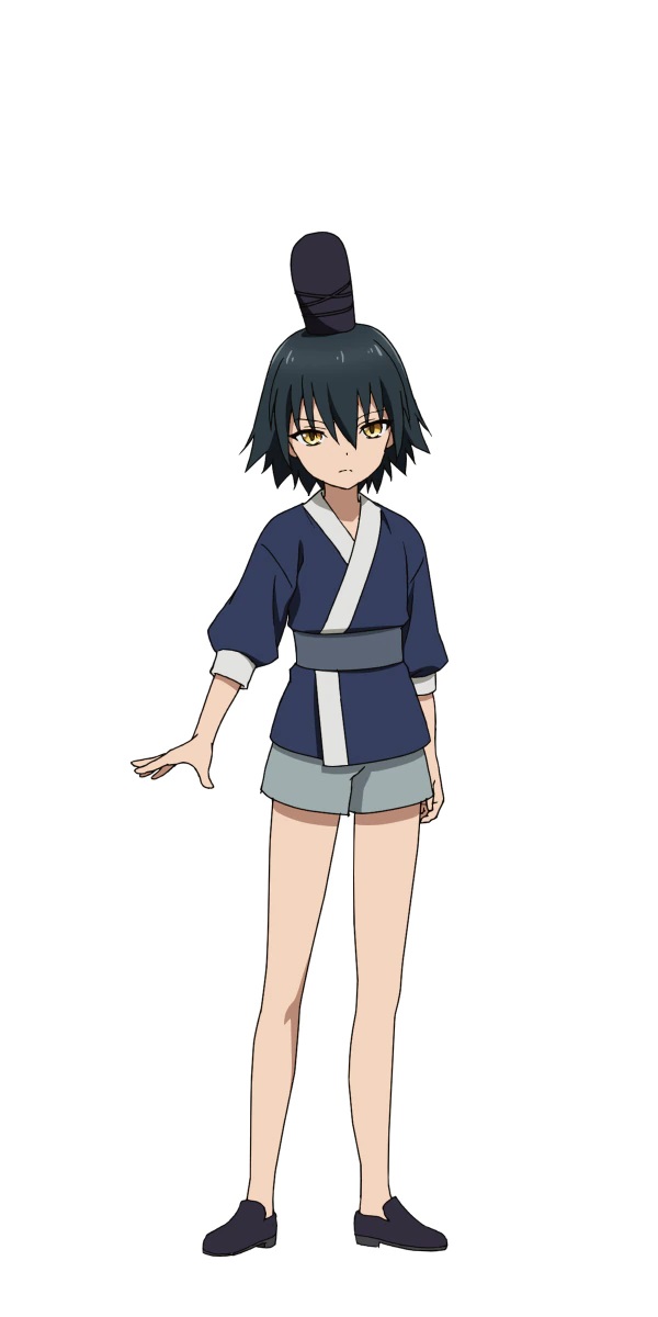 A character setting of Todoroki from the upcoming Peach Boy Riverside TV anime. Todoroki appears as a young boy with dark hair and yellow eyes. He wairs a short-sleeved summer kimono and a tall, cylindrical hat.