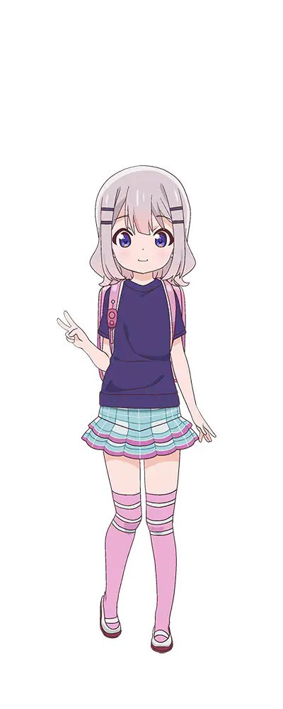 A character setting of Aiko Ninomiya from the upcoming Slow Loop TV anime. Aiko is a young girl who wears a children's backpack and dresses in a T-shirt / skirt combo with thigh high stockings.