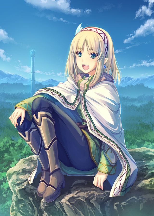 A promotional image for the upcoming In the Land of Leadale TV anime, featuring the main character, Cayna, an elvish woman dressed as an adventurer, sitting on the edge of a cliff and smiling while a tower looms above a forest in the background.