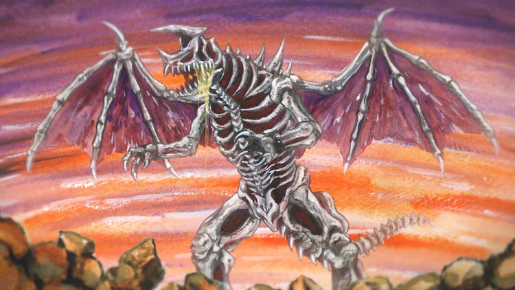 A giant monster resembling a skeletal dinosaur stretches forth its wings and slobbers in a scene from the upcoming KJ File original TV anime.