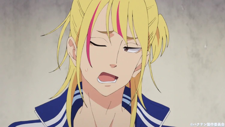 Nagayoshi Onagawa, a member of the men's rhythmic gymnastics club with blonde hair and fuchsia highlights, makes a sarcastic expression in a scene from the upcoming Bakuten!! TV anime.