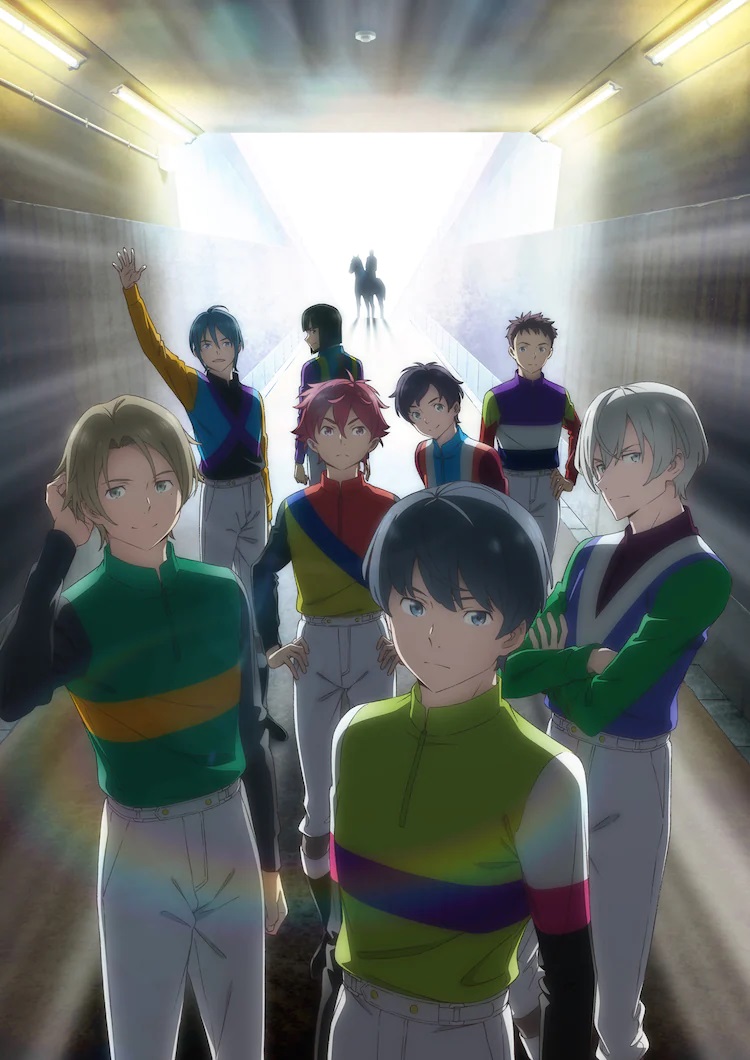 A new key visual for the upcoming Fanfare of Adolescence TV anime featuring the eight main characters dressed as jockeys and preparing to enter a horse racing track while a 9th figure mounted on horse is silhouetted in the background.