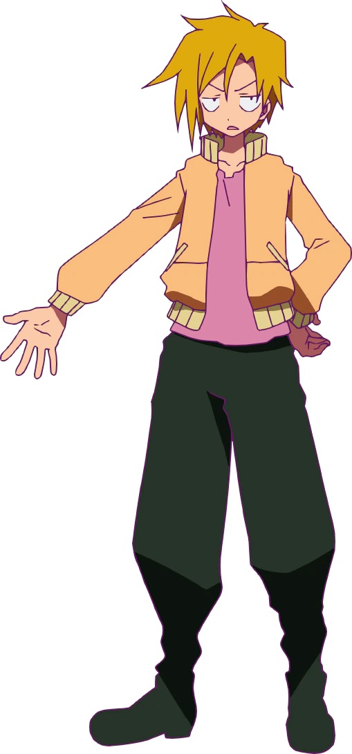 A character setting of Hayato from the upcoming Heion Sedai no Itaden-tachi TV anime. Hayato is a young man with spikey blonde hair and a sour expression who dresses in casual street clothes.