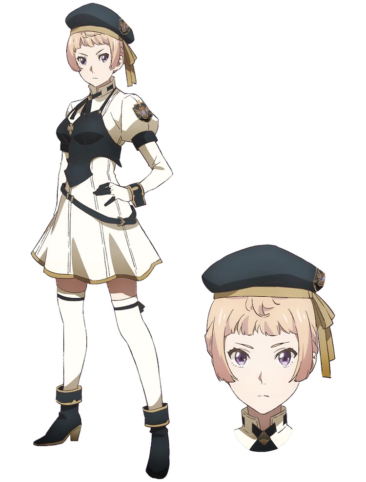 Eine Charaktereinstellung von Faria, der weiblichen Protagonistin der kommenden Seven Knights Revolution - Eiyuu no Keishousha - TV-Anime.  Faria hat kurzes, blondes Haar und lila Augen und trägt die elegante Kleidung eines Gelehrten der Granseed Academy.