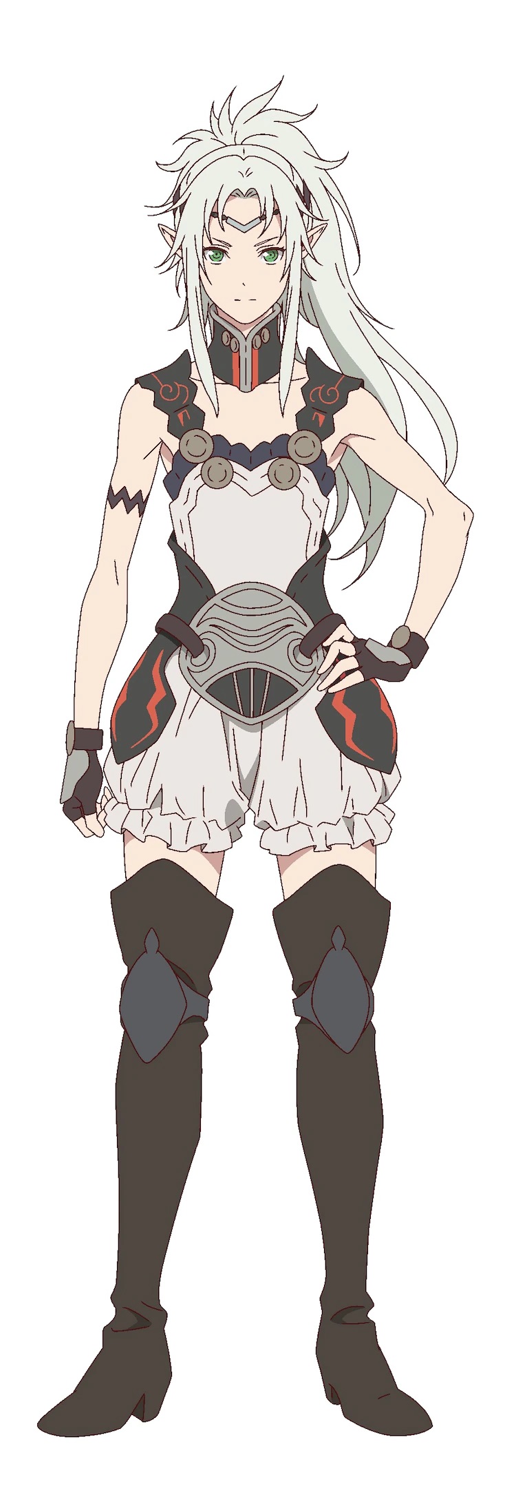 A character setting of Menel, a half-elf ranger from the upcoming The Faraway Paladin TV anime. Menel is slim and androgynous in appearance. The have green eyes and silver hair and they are dressed in a tunic and pantaloons with thigh high leather boots.