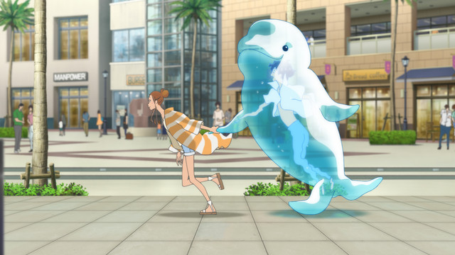 With Minato encased in a beluga whale-shaped water shield, Hinako and Minato take a stroll through town.