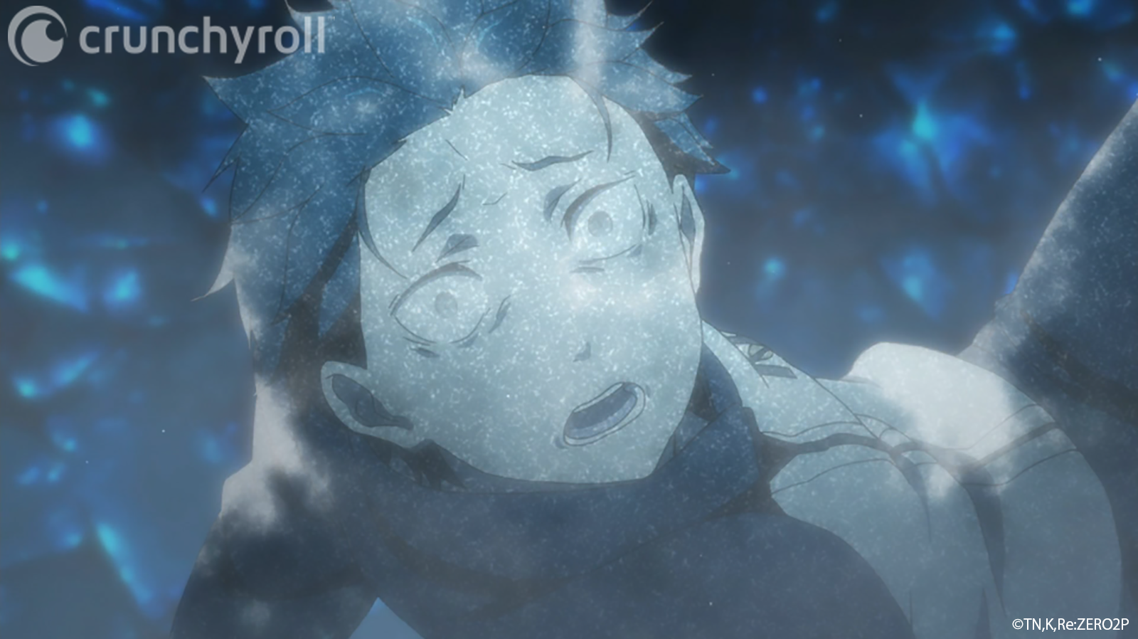 Natsuki Subaru is frozen solid by an unseen force in a scene from the Re:ZERO -Starting Life in Another World- TV anime.