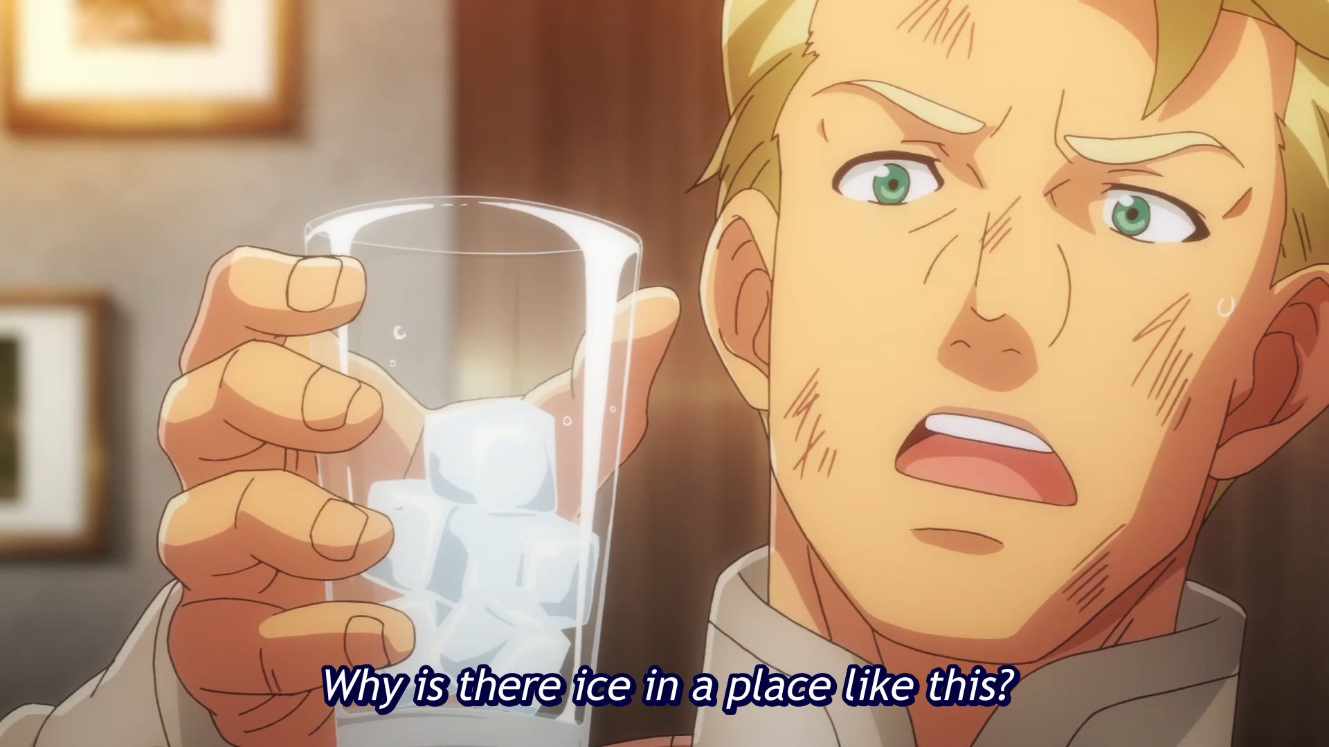 Heinrich Seeleman is astounded by a glass of ice water in a scene from the Restaurant to Another World TV anime.