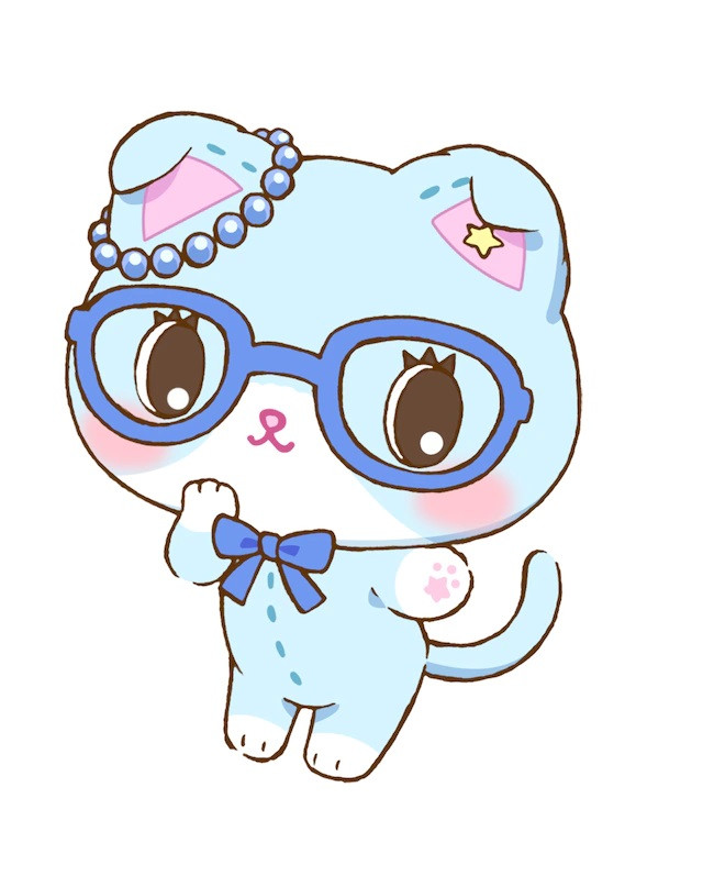 A character visual of Suu, a light blue colored living kitty stuffed animal who wears glasses from the upcoming Mewkle Dreamy TV anime.