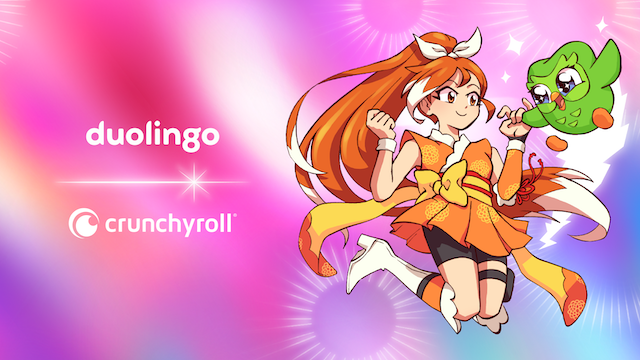 Crunchyroll x Duolingo promo offer with Crunchyroll-Hime celebrating the news with Duo the owl in a purple and pink explosion of excitement