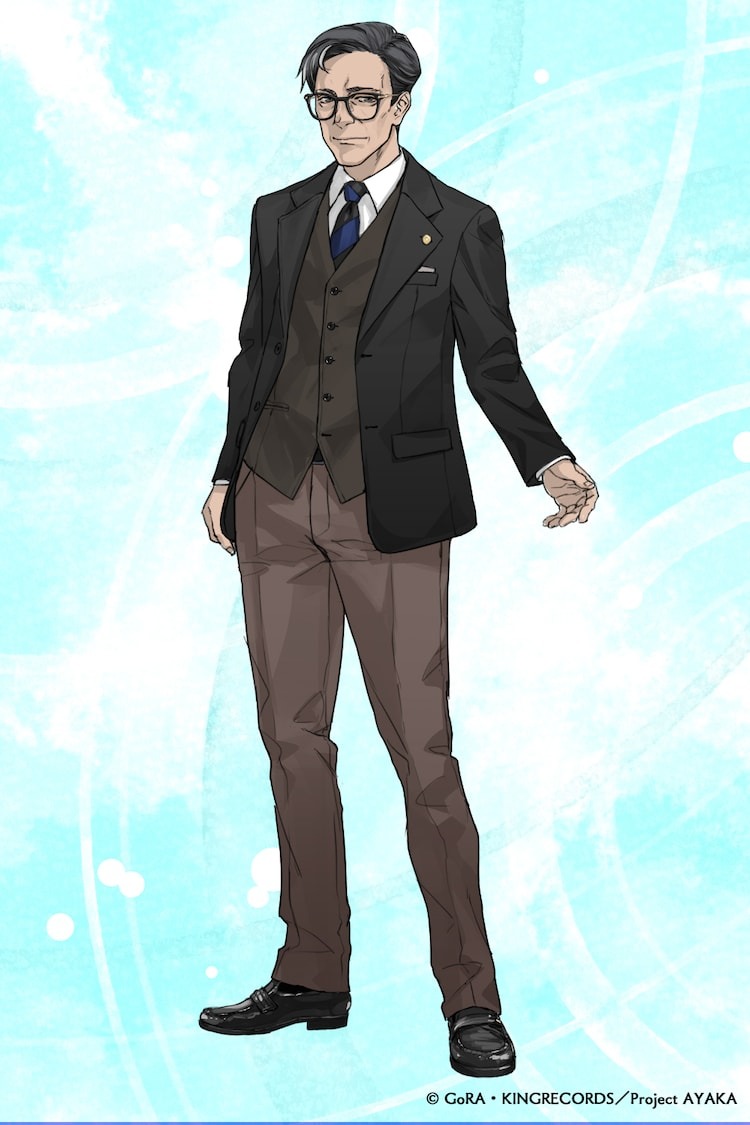 A character setting of Sanji Inou from the upcoming AYAKA TV anime. Sanji is an unassuming middle aged man with dark hair (streaked with gray) and dark eyes. He wears a brown three piece suit, a blue and black striped tie, and black leather loafer shoes as well as glasses with thick horn-rimmed frames.