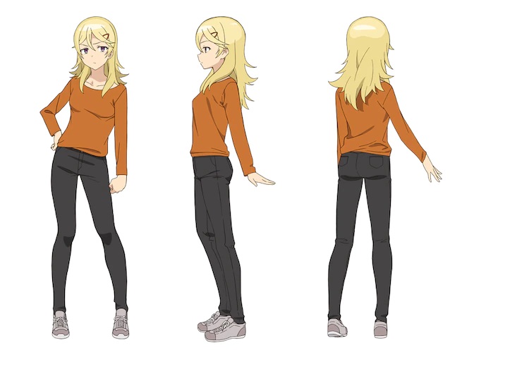 A character setting of Landlady from the upcoming The Great Jahy Will Not Be Defeated! TV anime. Landlady is a slim young woman with blonded hair and a sour expression. She wears and orange sweater, black jeans, and sneakers.