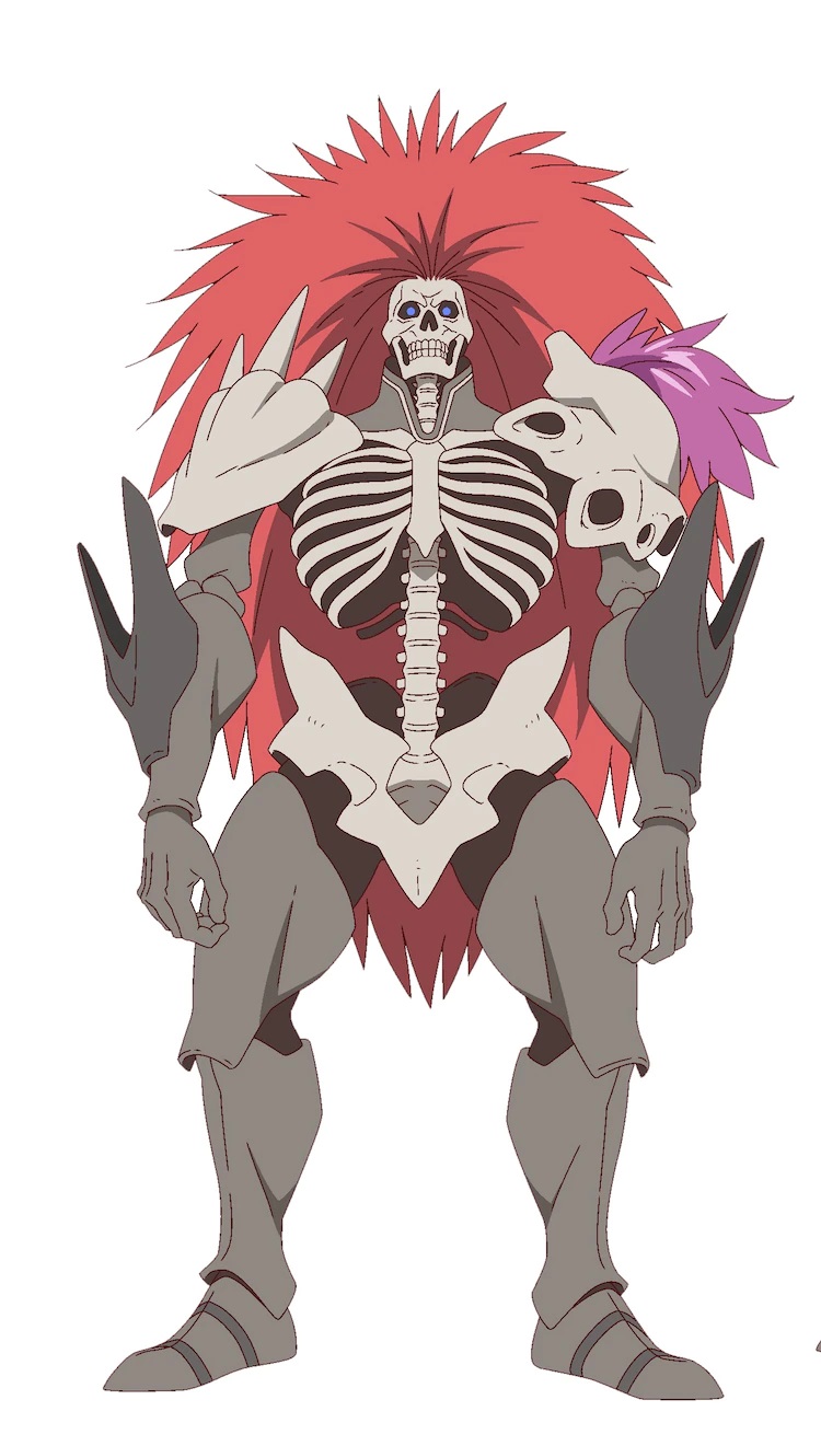 A character setting of Blood, a towering skeletal warrior from the upcoming The Faraway Paladin TV anime. Blood is a skeleton with a huge mane of red hair that wears platemail armor made of metal and bone.