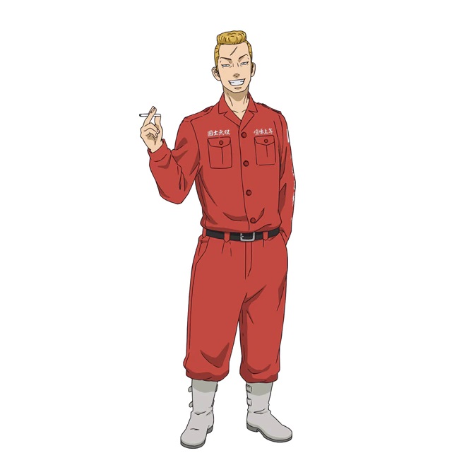 A character setting of Nobutaka Osanai, a delinquent with blonde hair in a pompadour hairstyle, a prominent scar on his forehead, and bright red clothes from the upcoming Tokyo Revengers TV anime.