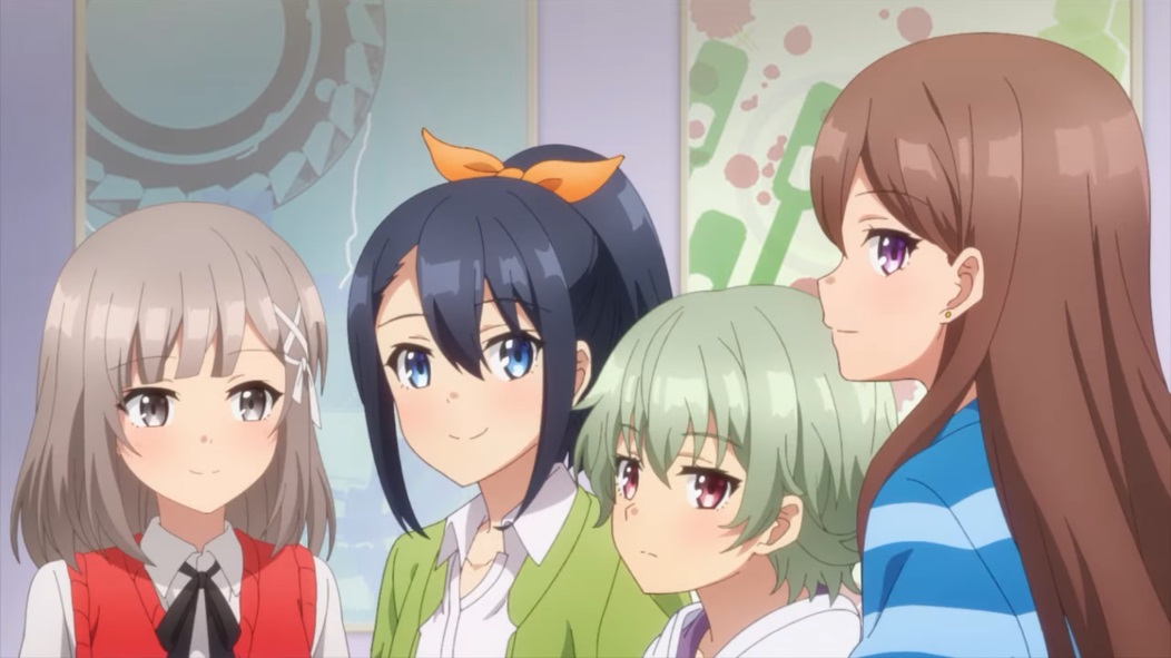 Team Flower - a four person voice acting unit consisting of  Haruna Mutsuishi, Maika Takatori, Shino Kano, and Honoka Tsukii - hangs out in a scene from the upcoming CUE! TV anime.