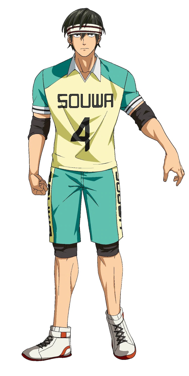Eine Charaktereinstellung von Shintarou Kazaki, einem Mitglied des Kabaddi-Clubs der Souwa High School, mit einem faulen Gesichtsausdruck und einem Schweißband um die Stirn aus dem kommenden TV-Anime Burning Kabaddi.
