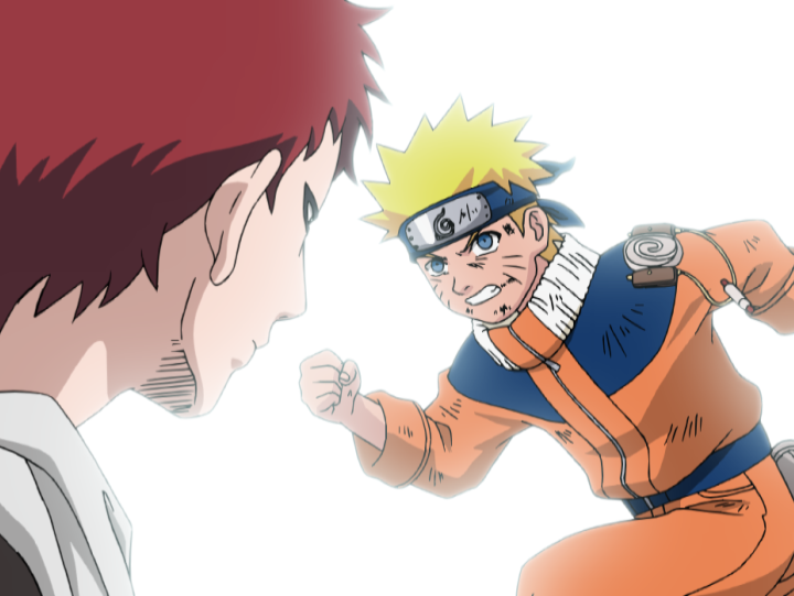 Naruto and Gaara lock eyes as Naruto dashes to help his stricken friend, Rock Lee, in a scene from the Naruto TV anime.
