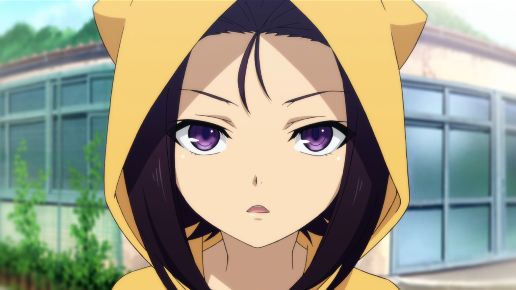 Clad in her trademark yellow rain coat with the cat ears on the hood, Lion makes a startling proclamation in a scene from the 2016 The Lost Village TV anime.