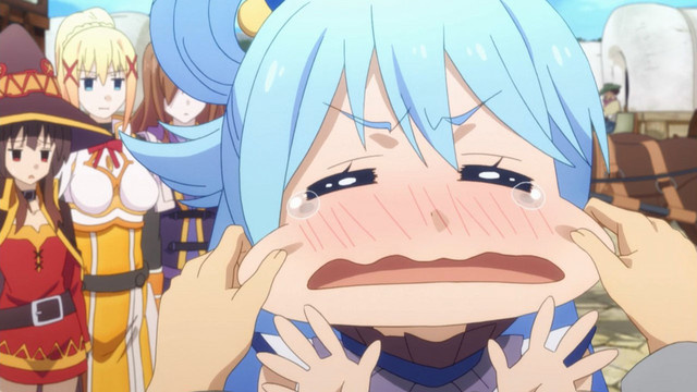 Pulling Aqua's cheeks