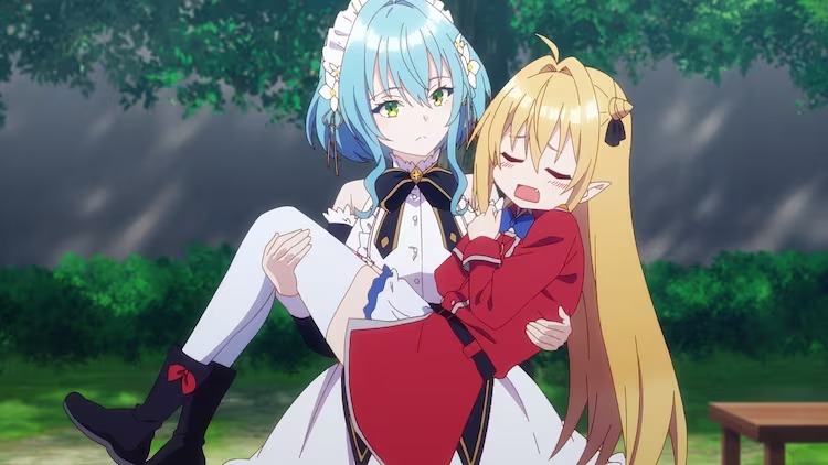 Villhaze lifts Komari in a "princess carry" in a scene from the upcoming The Vexations of a Shut-In Vampire Princess TV anime.