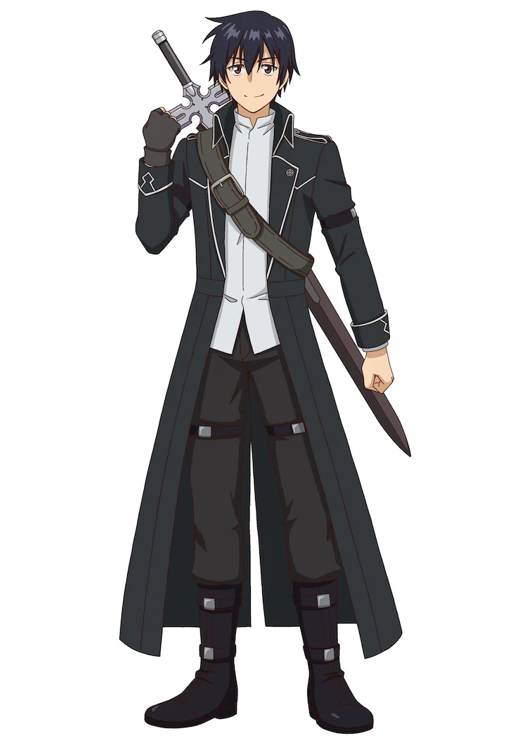 A character setting of Schwarz von Liechtenstein Loengram from the upcoming Fantasy Bishoujo Juniku Ojisan to TV anime. Schwarz is a black-clad adventurer with a fancy sword strapped to his back.