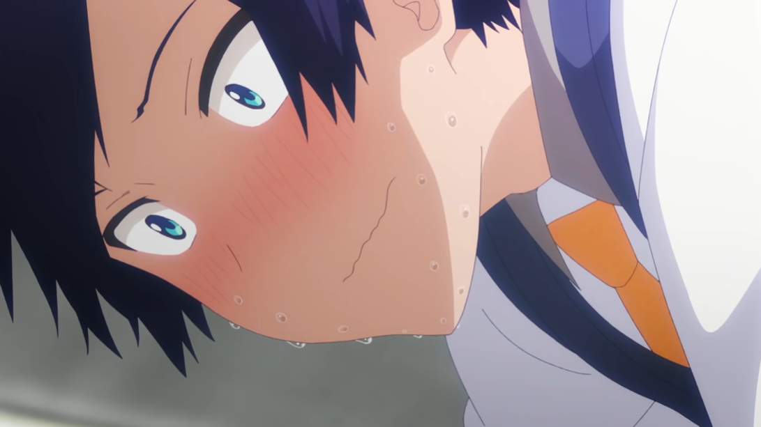 Sueharu Maru, the male lead, sweats nervously and bows his head in a sticky social situation in a scene from the upcoming Osanajimi ga Zettai ni Makenai Love Comedy TV anime.