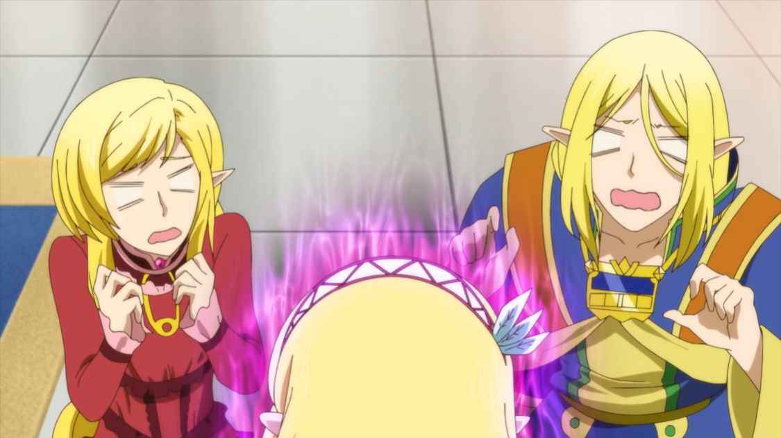 Mai-Mai und Skargo kauern vor dem Zorn ihrer Mutter Cayna in einer Szene aus dem kommenden TV-Anime In the Land of Leadale.
