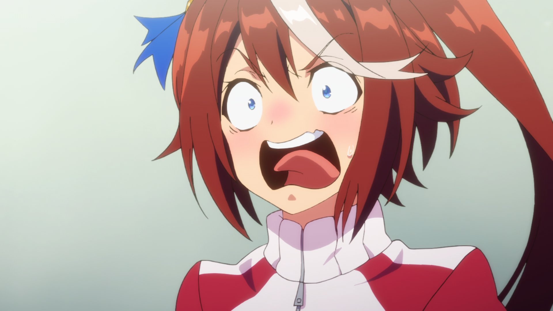 Tokai Teio screams in discomfort after receiving a sizeable shot in a scene from the second season of the Umamusume: Pretty Derby TV anime.