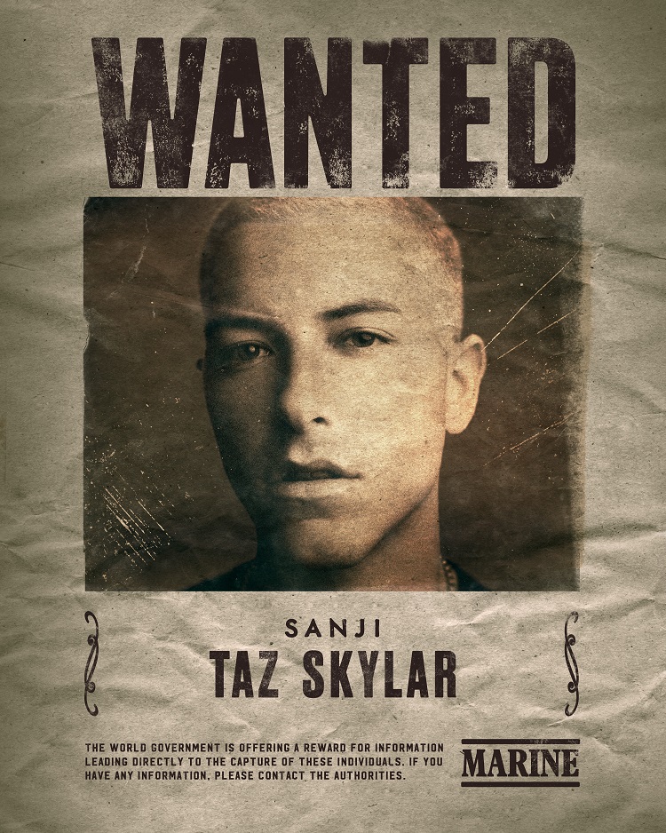 A wanted poster announcing that Taz Skylar will be playing the role of Sanji in the upcoming Netflix live-action One Piece series.