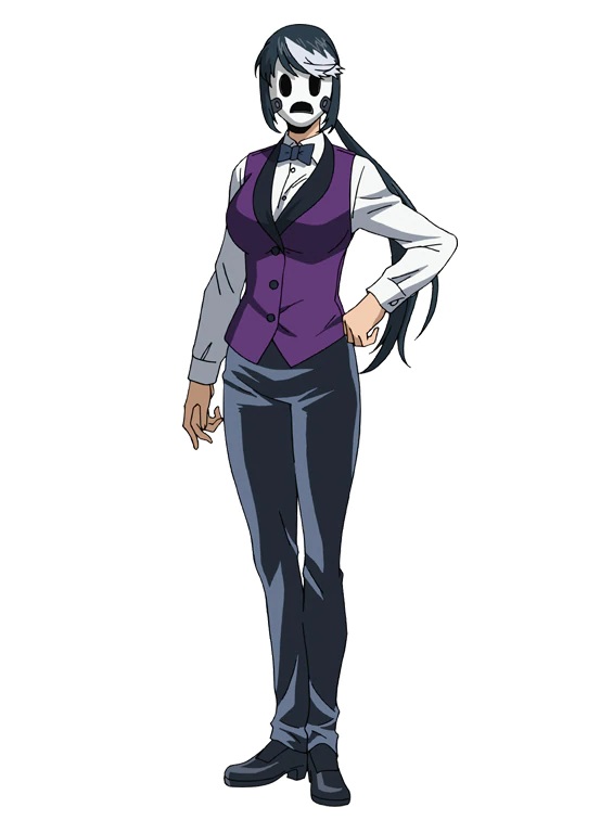 A character setting of Dealer Mask, a mysterious masked woman in a blackjack dealer's outfit, from the upcoming High-Rise Invasion Netflix Original Anime.