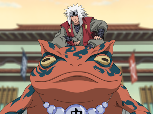 Jiraiya sitzt in Naruto auf einem riesigen Krötenkopf