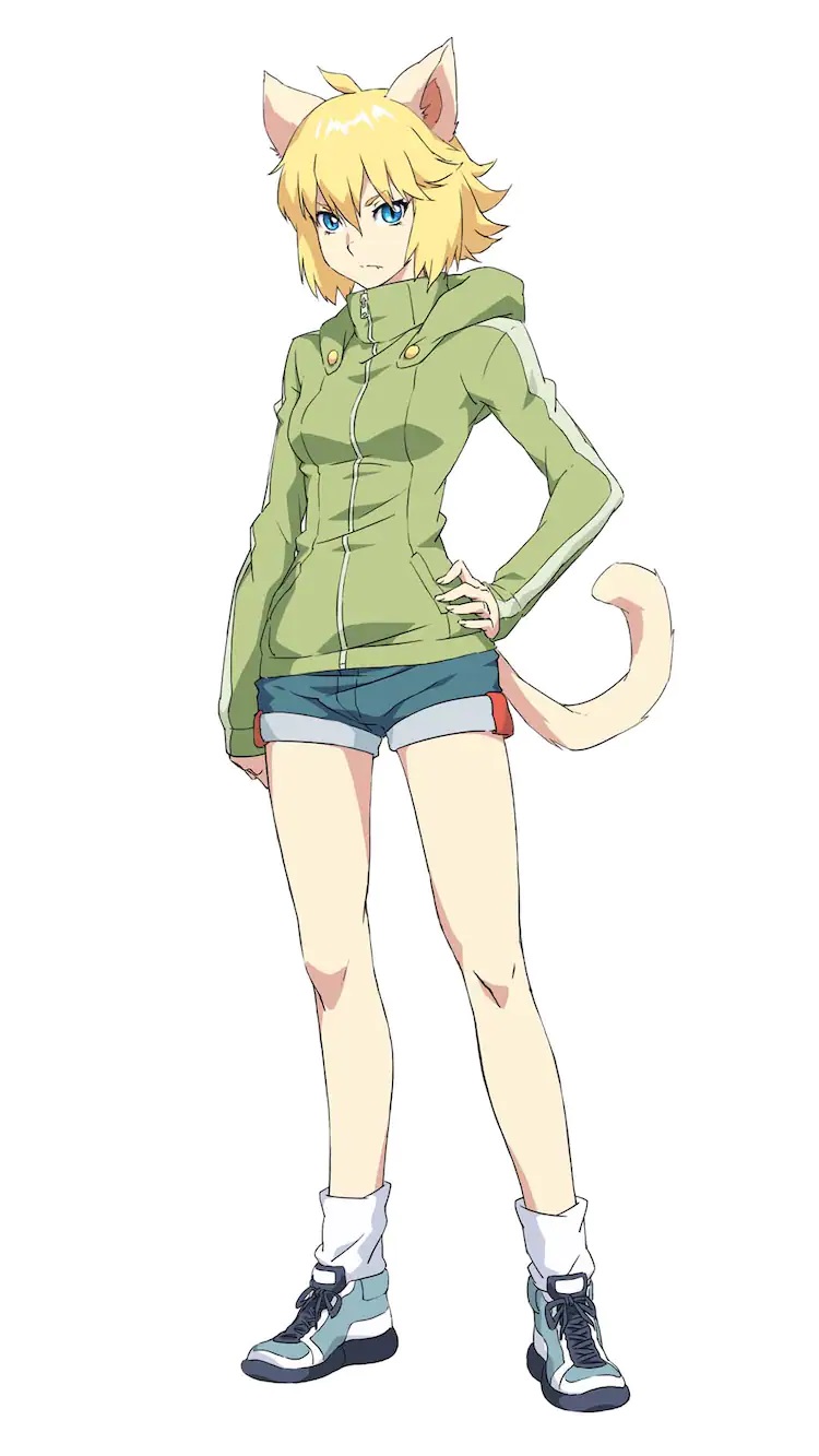 A character setting of Miaowu, a cat-girl Summoner from The Last Summoner TV animation. Miaowu has blonde hair and blue eyes as well as tan cat ears projecting from her head and a tan cat tail poking out of her shorts. She wears a green jacke, jean shorts, and sneakers and she stands with a haughty expression on her face and her left hand on her hip.