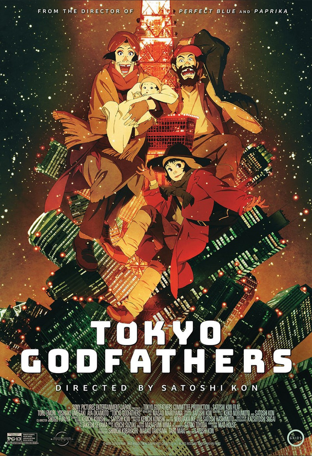 The movie poster for the GKIDS / Fathom Events limited theatrical release of Tokyo Godfathers, featuring a trio of homeless people and a baby posing in front a dreamlike Tokyo nightscape.