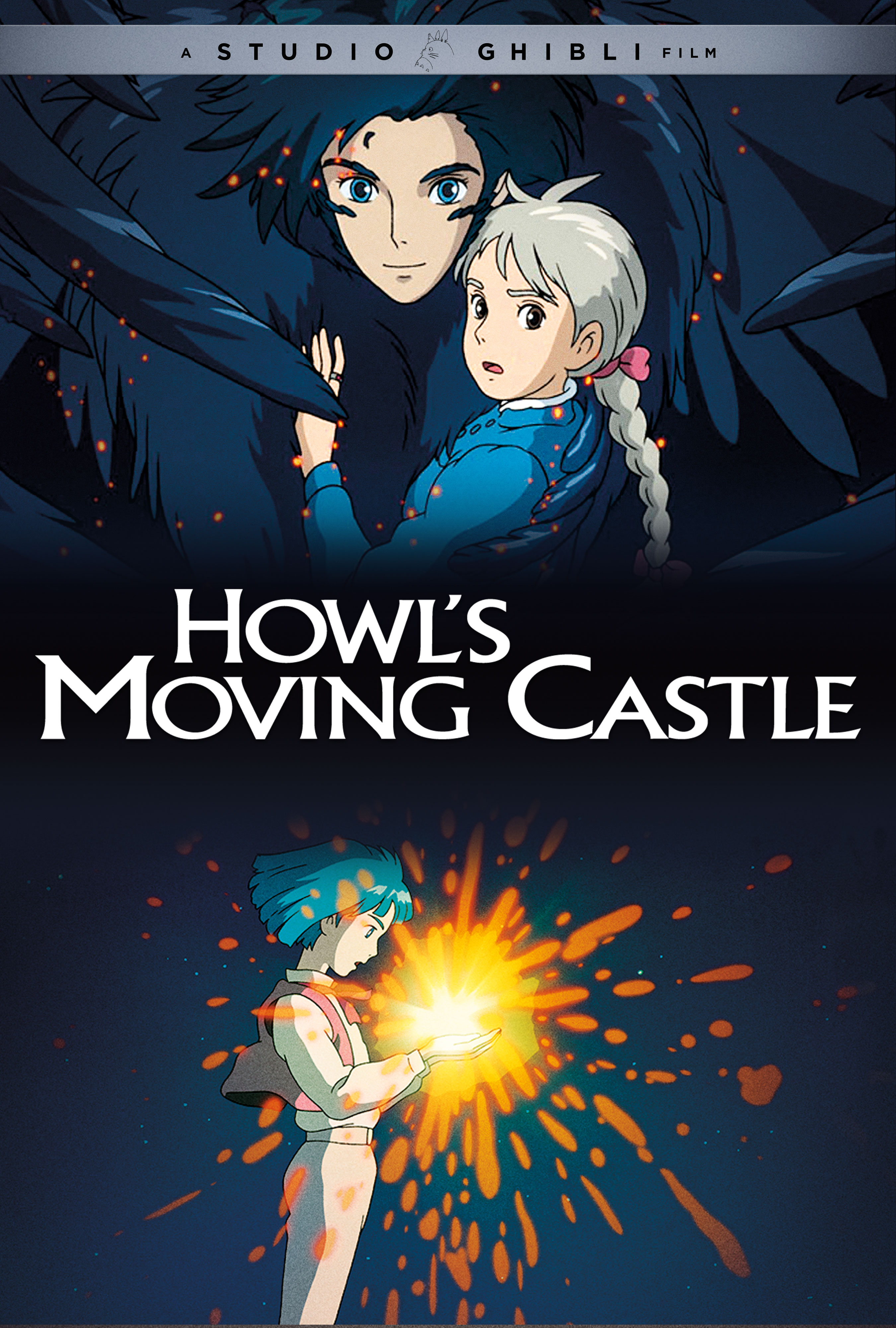 The official movie poster for the GKIDS release of Howl's Moving Castle, featuring Howl in his raven transformation carrying and Sophie and a scene of Howl forming his pact with Calcifer.