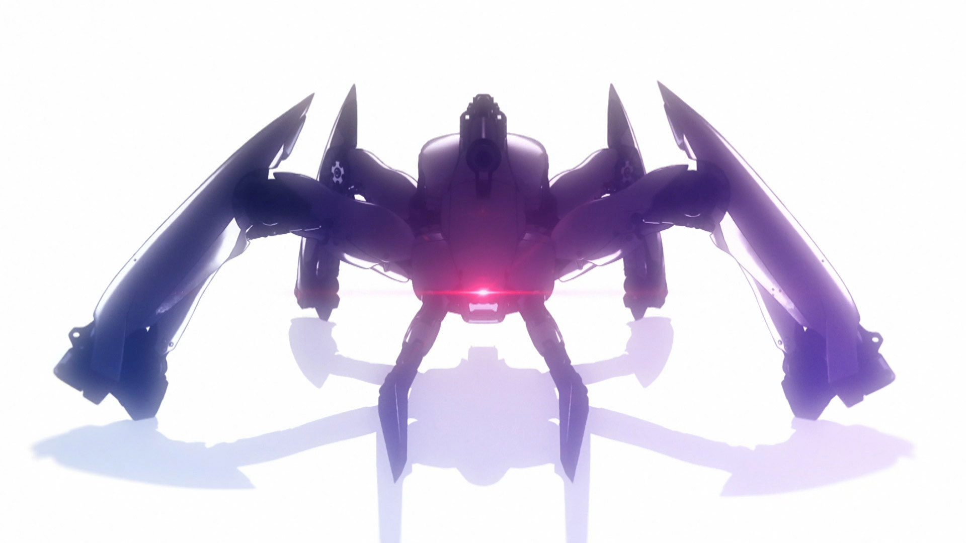 Eine spinnenartige mechanische Kriegsmaschine leuchtet in einer Szene aus dem Teaser-Trailer zum zweiten Gang des 86 EIGHTY-SIX TV-Anime mit Aktivität auf. 
