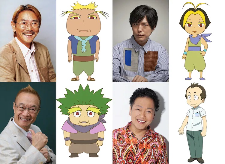 A promotional image for voice actors Shigeru Chiba, Hiroshi Kamiya, Akira Kamiya, and Kappei Yamaguchi and their characters Zaza, Ruka, Pepe, and Professor Kon from the Butt Detective the Movie: The Secret of Souffle Island and Deep Sea Survival! theatrical anime film double-feature.